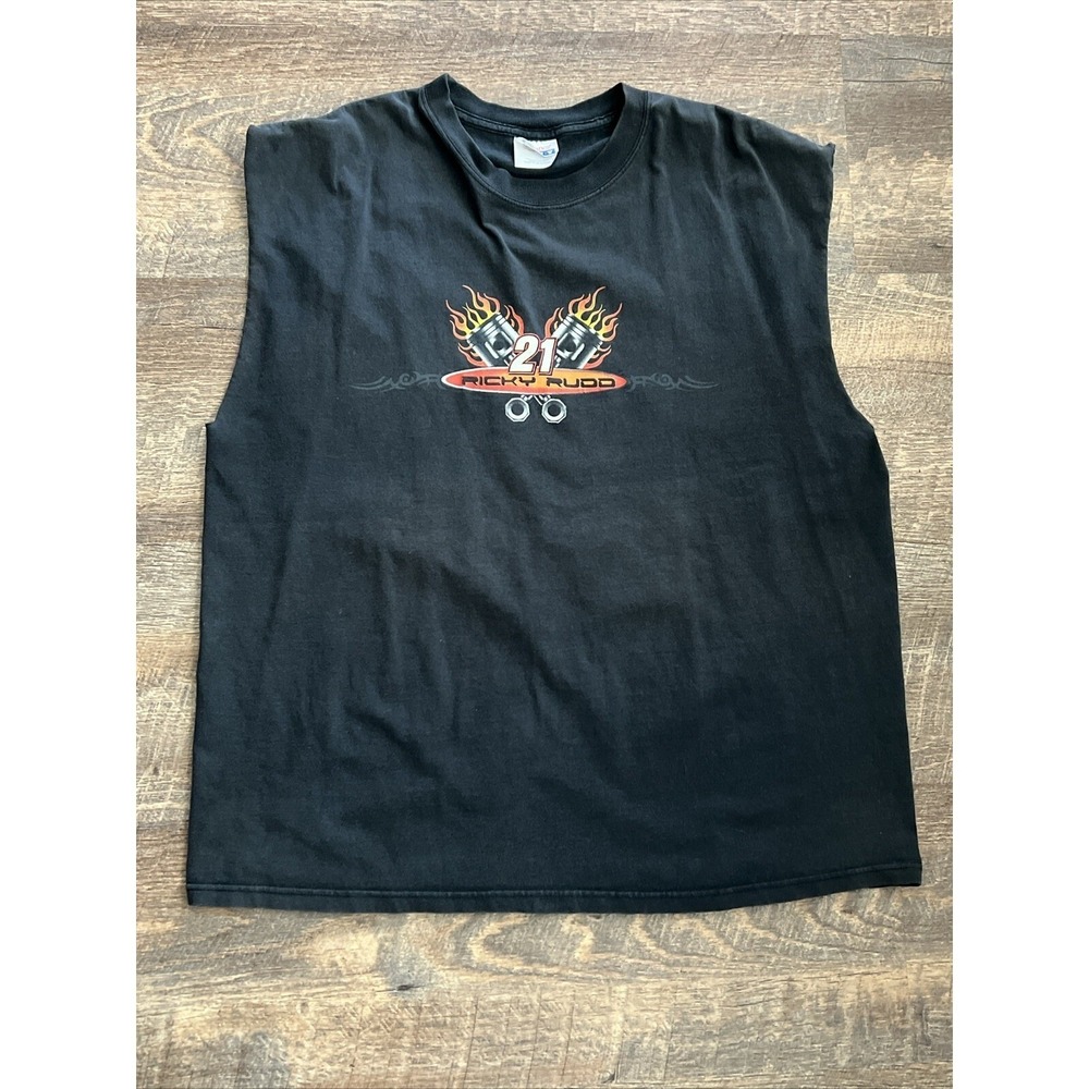 Y2K Streetwear Ricky Rudd Cut-Off T Shirt XL Black NASCAR 21 Wood Brothers Hanes